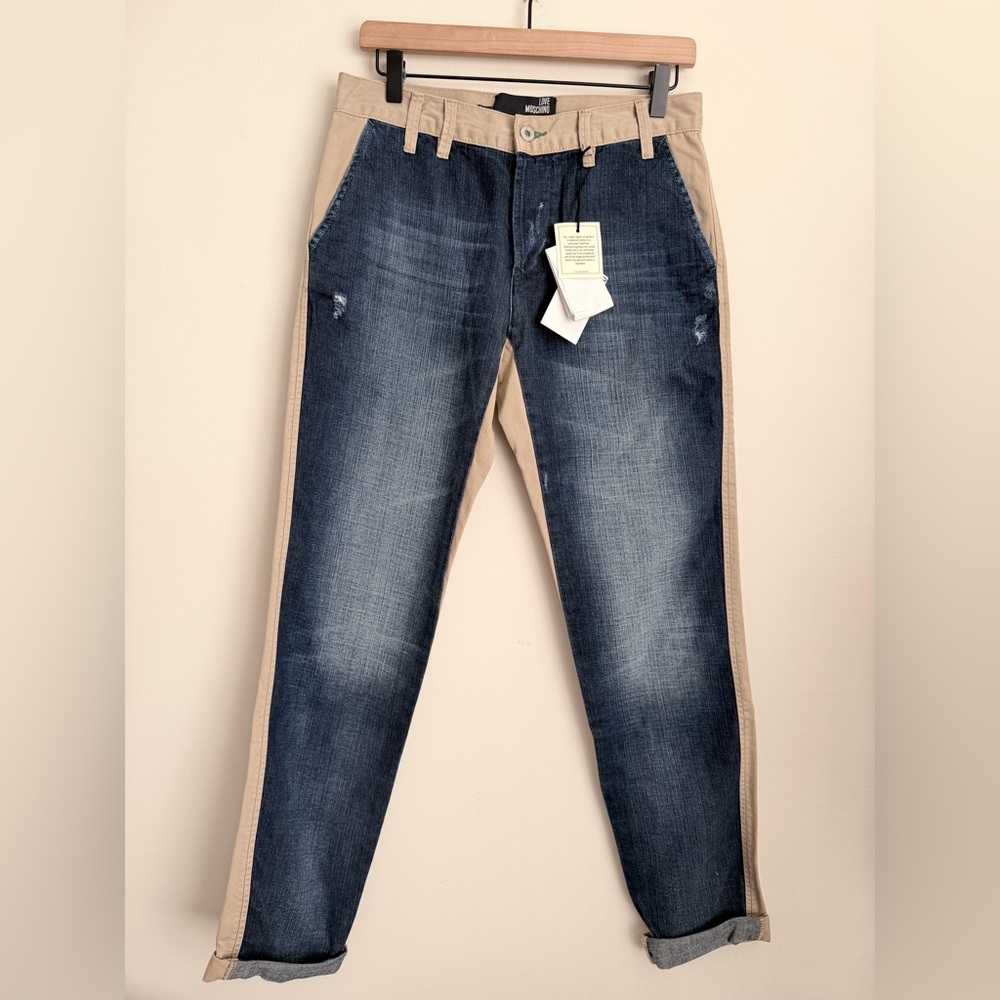 Love Moschino beige two tone denim pants LVMSCHN college dept contact stitch 29
